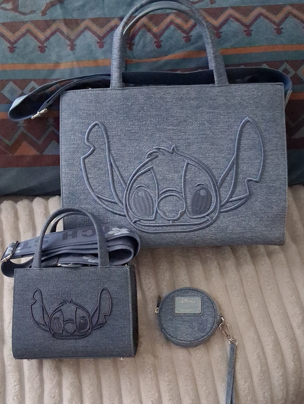 Loungefly Disney Blue Denim Lilo Stitch Tote, Mini Crossbody, Coin Purse 3pc Set